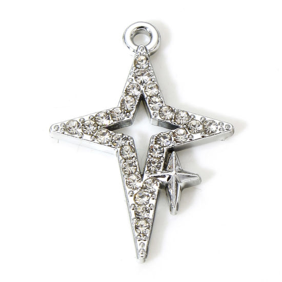 Picture of 10 PCs Zinc Based Alloy Galaxy Charms Silver Tone Star Micro Pave Clear Rhinestone 23mm x 16mm