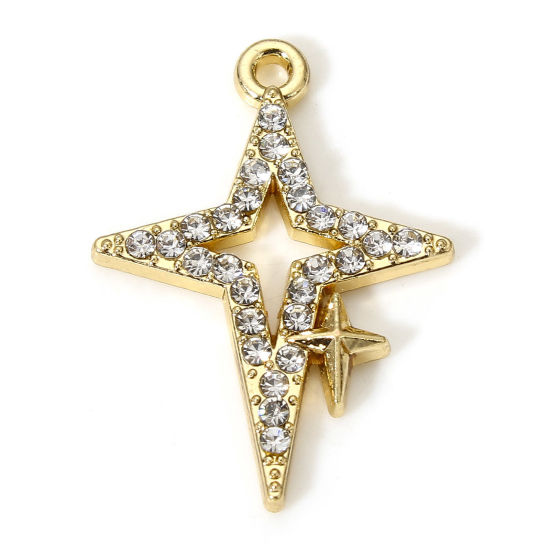 Picture of 10 PCs Zinc Based Alloy Galaxy Charms Gold Plated Star Micro Pave Clear Rhinestone 23mm x 16mm