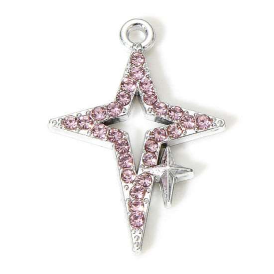 Picture of 10 PCs Zinc Based Alloy Galaxy Charms Silver Tone Star Micro Pave Pink Rhinestone 23mm x 16mm