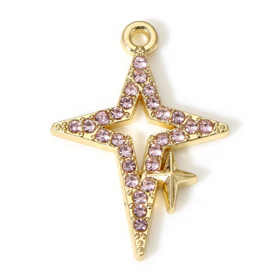 Picture of 10 PCs Zinc Based Alloy Galaxy Charms Gold Plated Star Micro Pave Pink Rhinestone 23mm x 16mm