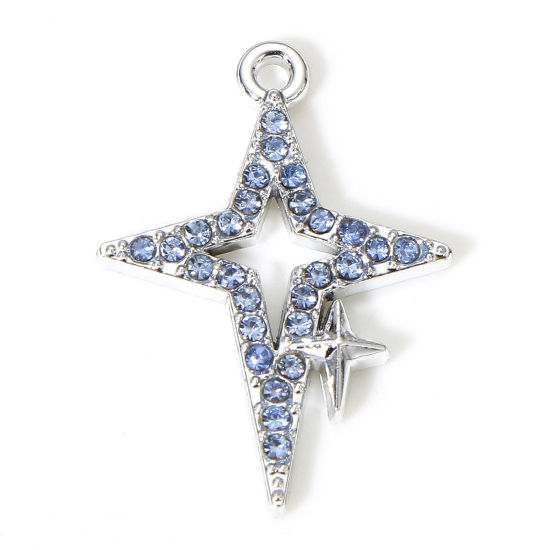 Picture of 10 PCs Zinc Based Alloy Galaxy Charms Silver Tone Star Micro Pave Blue Rhinestone 23mm x 16mm