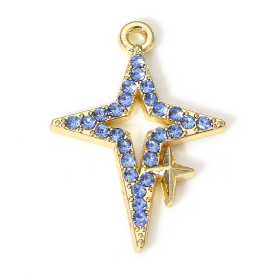 Picture of 10 PCs Zinc Based Alloy Galaxy Charms Gold Plated Star Micro Pave Blue Rhinestone 23mm x 16mm