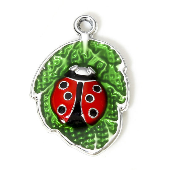 Picture of 10 PCs Zinc Based Alloy Insect Charms Silver Tone Multicolor Leaf Ladybird Enamel 22mm x 14mm