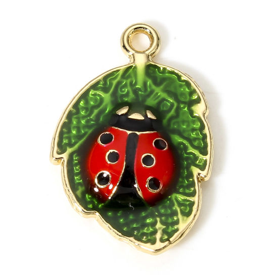 Picture of 10 PCs Zinc Based Alloy Insect Charms Gold Plated Multicolor Leaf Ladybird Enamel 22mm x 14mm