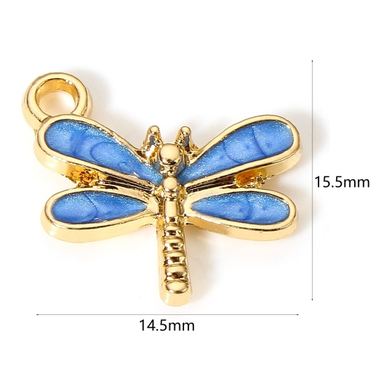 Picture of 10 PCs Zinc Based Alloy Insect Charms Gold Plated Dark Blue Dragonfly Animal Enamel 15.5mm x 14.5mm