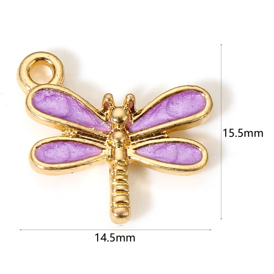 Picture of 10 PCs Zinc Based Alloy Insect Charms Gold Plated Purple Dragonfly Animal Enamel 15.5mm x 14.5mm