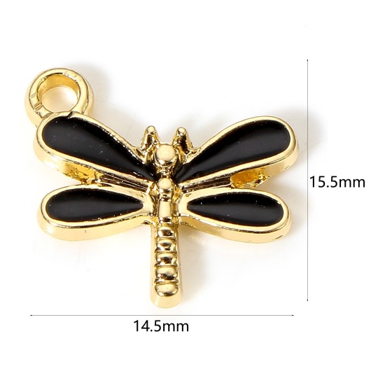 Picture of 10 PCs Zinc Based Alloy Insect Charms Gold Plated Black Dragonfly Animal Enamel 15.5mm x 14.5mm