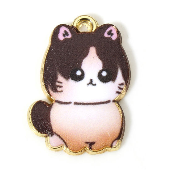 Immagine di 10 Pz Lega di Zinco Charms Oro Placcato Colore del Caffè Gatto Smalto 21mm x 15mm