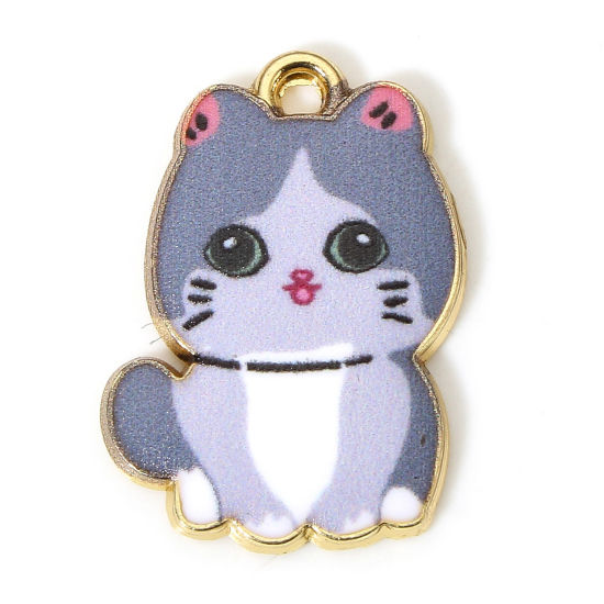 Immagine di 10 Pz Lega di Zinco Charms Oro Placcato Grigio Gatto Smalto 21mm x 15mm