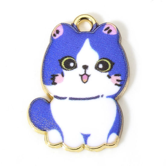 Immagine di 10 Pz Lega di Zinco Charms Oro Placcato Blu Marino Gatto Smalto 21mm x 15mm