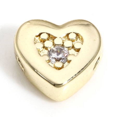 Picture of 2 PCs Brass Simple Beads For DIY Jewelry Making 18K Real Gold Plated Heart Clear Rhinestone About 8mm x 7mm, Hole: Approx 0.6mm