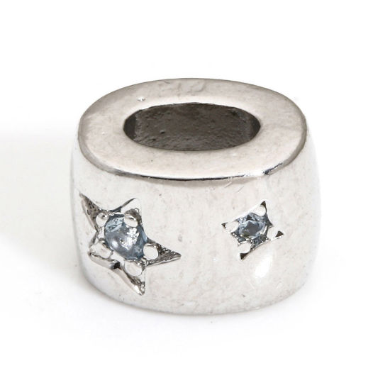 Immagine di 2 Pz Ottone Elegante Perline per la Creazione di Gioielli con Ciondoli Fai-da-te Vero Platino Placcato Ovale Stella a Cinque Punte Blu Strass Circa 7.5mmx 5.5mm, Foro:Circa 3.5mm
