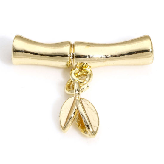 Imagen de 2 Unidades Latón Estilo Pastoral Cuentas para la Fabricación de Joyas con Dijes de Bricolaje 18K Oro Real Chapado De forma Bambú Hoja de Bambú Aprox 15.5mm x 14mm, Agujero: acerca de 1.3mm