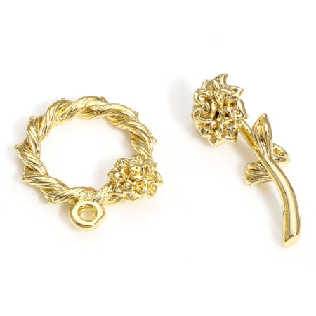 Picture of 1 Set Brass Toggle Clasps Braided Rose Flower 18K Real Gold Plated 18mm x 16mm