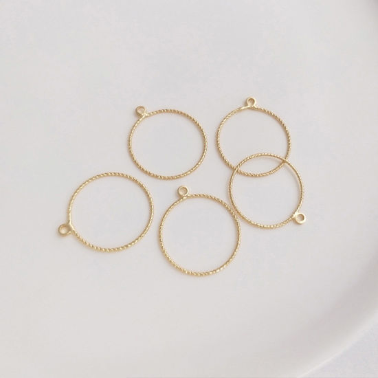 Picture of 2 PCs Brass Geometric Bezel Frame Charms Pendants 14K Real Gold Plated Round Engraving 18mm Dia.