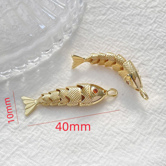 Picture of 1 Piece Brass Ocean Jewelry Pendants 18K Gold Color Fish Animal 3D Red Cubic Zirconia 4cm x 1cm