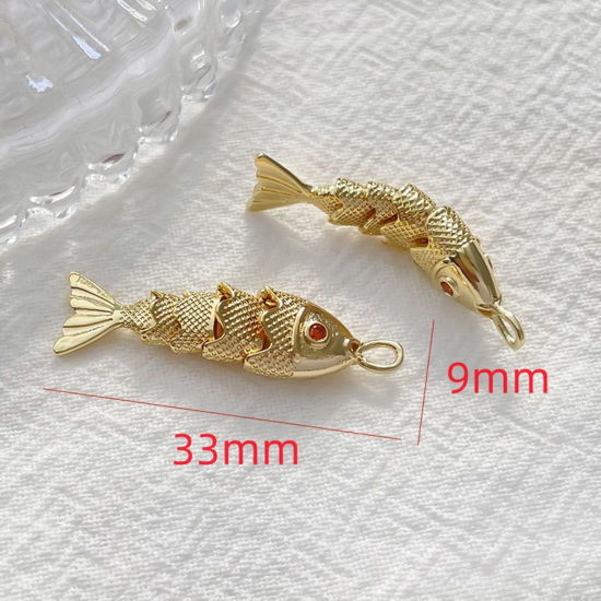 Picture of 1 Piece Brass Ocean Jewelry Pendants 18K Gold Color Fish Animal 3D Red Cubic Zirconia 3.3cm x 0.9cm