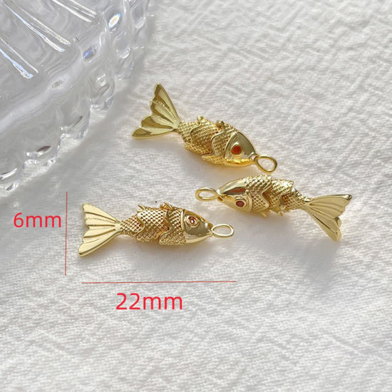 Picture of 1 Piece Brass Ocean Jewelry Pendants 18K Gold Color Fish Animal 3D Red Cubic Zirconia 22mm x 6mm