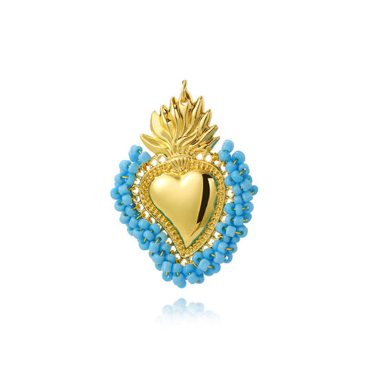 Picture of 1 Piece Zinc Based Alloy Religious Pendants Gold Plated Blue Ex Voto Heart Beaded 5.5cm x 4cm