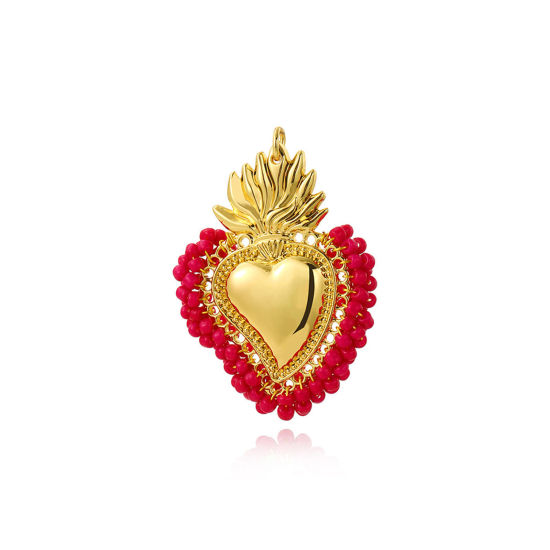 Picture of 1 Piece Zinc Based Alloy Religious Pendants Gold Plated Red Ex Voto Heart Beaded 5.5cm x 4cm