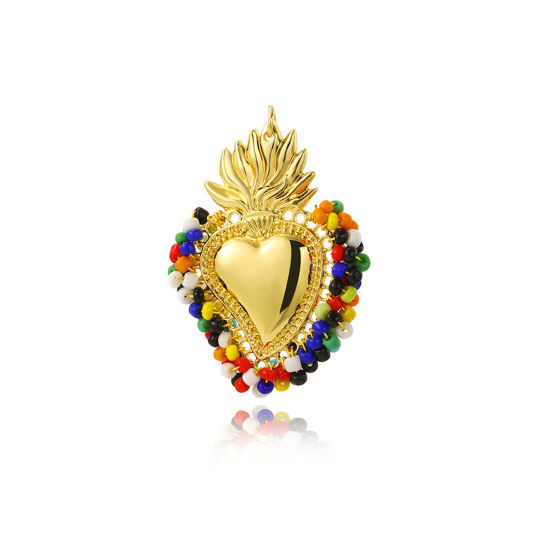 Picture of 1 Piece Zinc Based Alloy Religious Pendants Gold Plated Multicolor Ex Voto Heart Beaded 5.5cm x 4cm