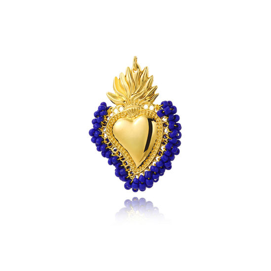 Picture of 1 Piece Zinc Based Alloy Religious Pendants Gold Plated Dark Blue Ex Voto Heart Beaded 5.5cm x 4cm