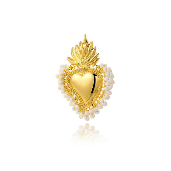 Picture of 1 Piece Zinc Based Alloy Religious Pendants Gold Plated White Ex Voto Heart Beaded 5.5cm x 4cm