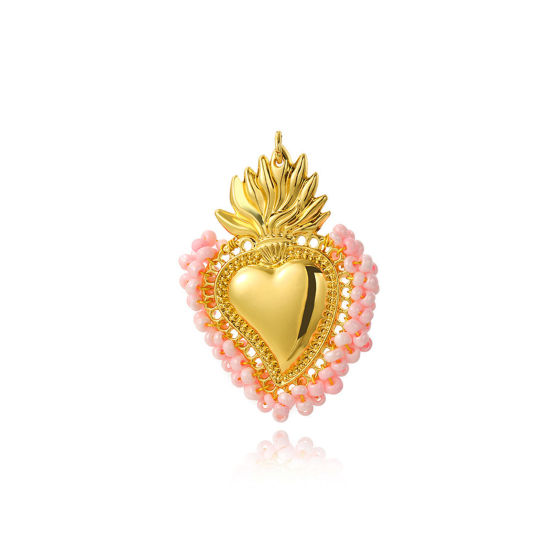 Picture of 1 Piece Zinc Based Alloy Religious Pendants Gold Plated Pink Ex Voto Heart Beaded 5.5cm x 4cm