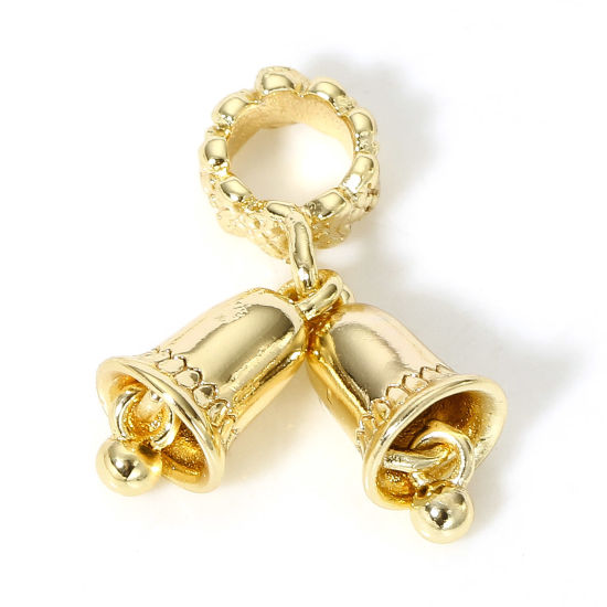 Image de 2 Pcs Breloques Noël en Laiton Cloches Plaqué Or Véritable 18K 3D 19mm x 12mm