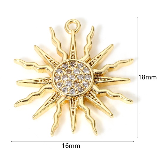 Picture of 2 PCs Brass Galaxy Charms 18K Real Gold Plated Sun Micro Pave Clear Cubic Zirconia 18mm x 16mm