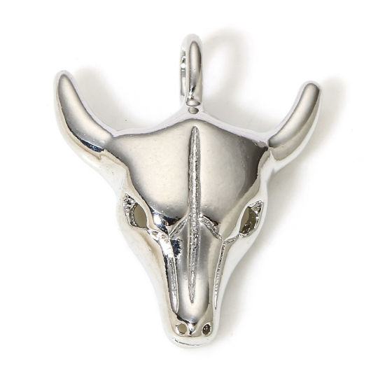 Picture of 2 PCs Brass Boho Chic Bohemia Charms Real Platinum Plated Cow Animal 16.5mm x 13mm                                                                                                                                                                            
