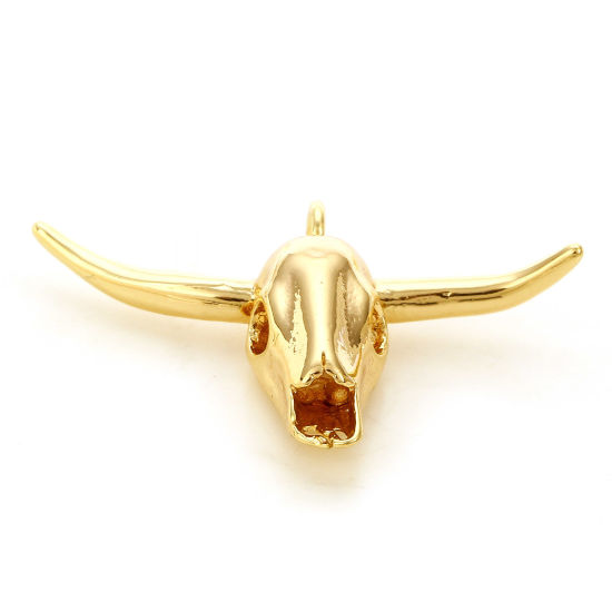 Picture of 2 PCs Brass Boho Chic Bohemia Charms 18K Real Gold Plated Bull Head/ Cow Head 3D 23mm x 17mm                                                                                                                                                                  