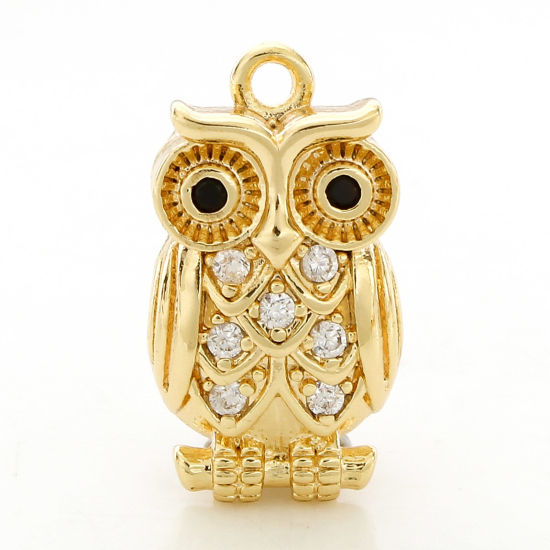 Picture of 2 PCs Brass Halloween Charms 18K Real Gold Plated Owl Animal 3D Clear Cubic Zirconia 15.5mm x 8.5mm                                                                                                                                                           