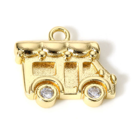 Picture of 1 Piece Brass Transport Charms 18K Real Gold Plated Car Clear Cubic Zirconia 14mm x 12.5mm