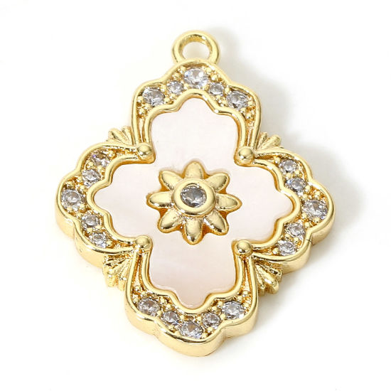 Image de 1 Pièce Breloques Style Royal en Coquille Naturelle & Cuivre Losange Plaqué Or Véritable 18K Micro Pave à Zircone Cubique Clair 19mm x 15mm