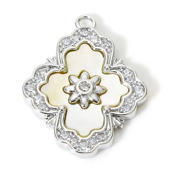 Image de 1 Pièce Breloques Style Royal en Coquille Naturelle & Cuivre Losange Plaqué Platine Véritable Micro Pave à Zircone Cubique Clair 19mm x 15mm