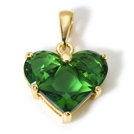 Picture of 1 Piece Brass Valentine's Day Charm Pendant 18K Real Gold Plated Heart Green Cubic Zirconia 20mm x 14mm