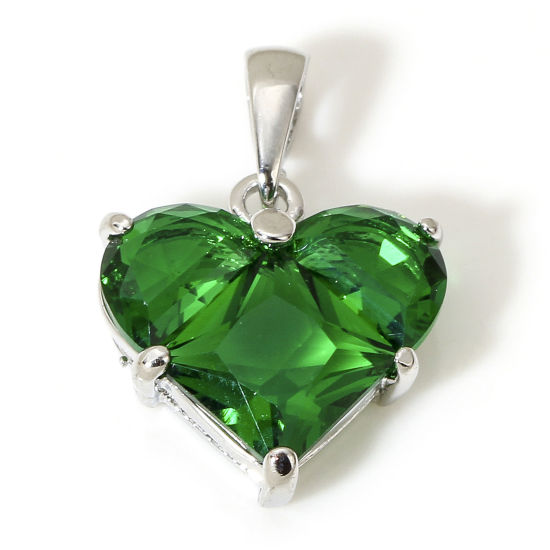 Picture of 1 Piece Brass Valentine's Day Charm Pendant Real Platinum Plated Heart Green Cubic Zirconia 20mm x 14mm
