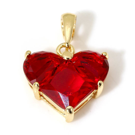 Picture of 1 Piece Brass Valentine's Day Charm Pendant 18K Real Gold Plated Heart Red Cubic Zirconia 20mm x 14mm