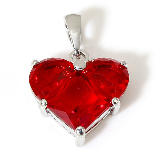 Picture of 1 Piece Brass Valentine's Day Charm Pendant Real Platinum Plated Heart Red Cubic Zirconia 20mm x 14mm