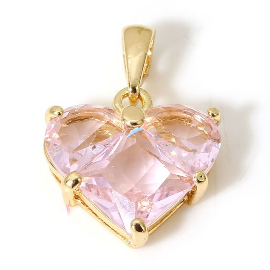 Picture of 1 Piece Brass Valentine's Day Charm Pendant 18K Real Gold Plated Heart Light Pink Cubic Zirconia 20mm x 14mm