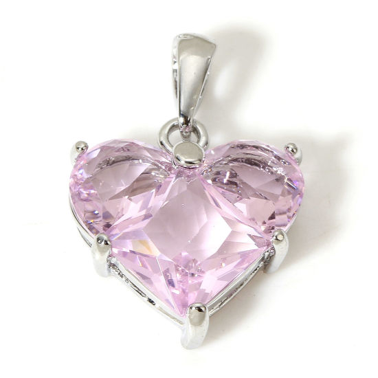 Picture of 1 Piece Brass Valentine's Day Charm Pendant Real Platinum Plated Heart Light Pink Cubic Zirconia 20mm x 14mm
