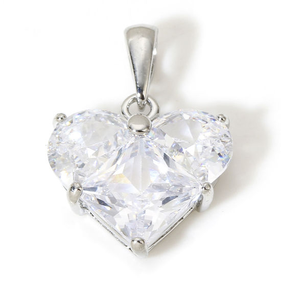 Picture of 1 Piece Brass Valentine's Day Charm Pendant Real Platinum Plated Heart Clear Cubic Zirconia 20mm x 14mm