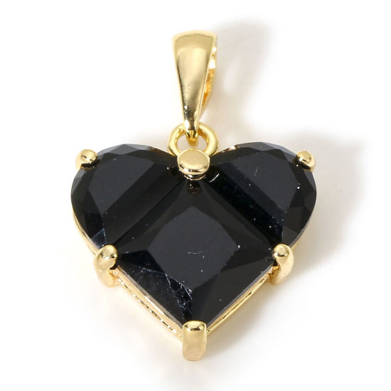 Picture of 1 Piece Brass Valentine's Day Charm Pendant 18K Real Gold Plated Heart Black Cubic Zirconia 20mm x 14mm