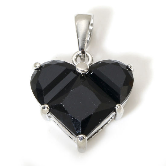 Picture of 1 Piece Brass Valentine's Day Charm Pendant Real Platinum Plated Heart Black Cubic Zirconia 20mm x 14mm