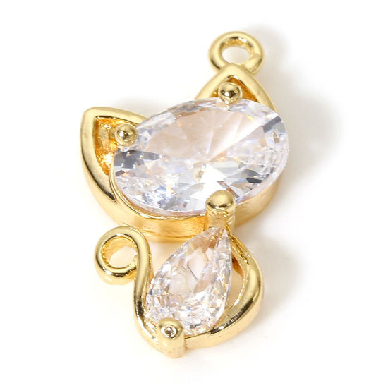 Picture of 1 Piece Brass Charms 18K Real Gold Plated Cat Animal Clear Cubic Zirconia 14mm x 8mm