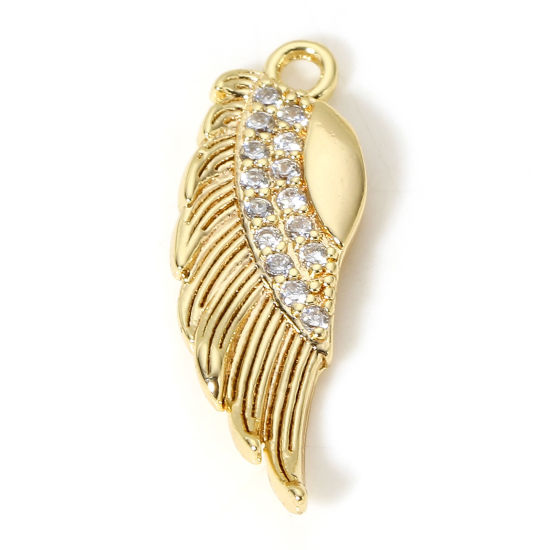 Picture of 1 Piece Brass Charms 18K Real Gold Plated Wing Micro Pave Clear Cubic Zirconia 18.5mm x 6mm