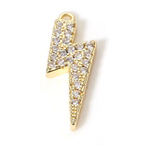 Picture of 1 Piece Brass Weather Collection Charms 18K Real Gold Plated Lightning Micro Pave Clear Cubic Zirconia 18mm x 6mm