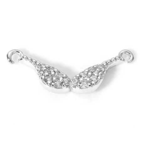 Picture of 1 Piece Brass Micro Pave Connectors Charms Pendants Wing Real Platinum Plated Clear Cubic Zirconia 18mm x 8mm
