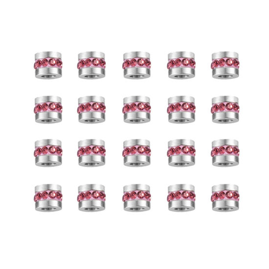 Picture of 5 PCs 304 Stainless Steel Birthstone Beads For DIY Charm Jewelry Making Single Hole Tube Silver Tone Mauve Rhinestone 6mm x 6mm, Hole: Approx 3mm